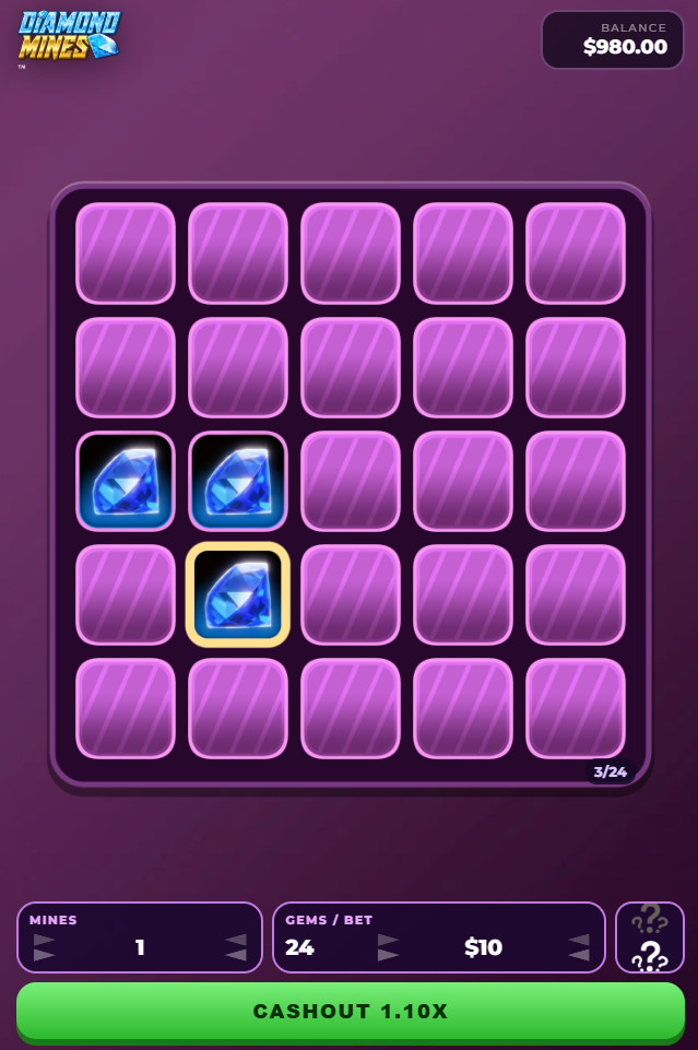 "Diamond Mines" real-money crash game