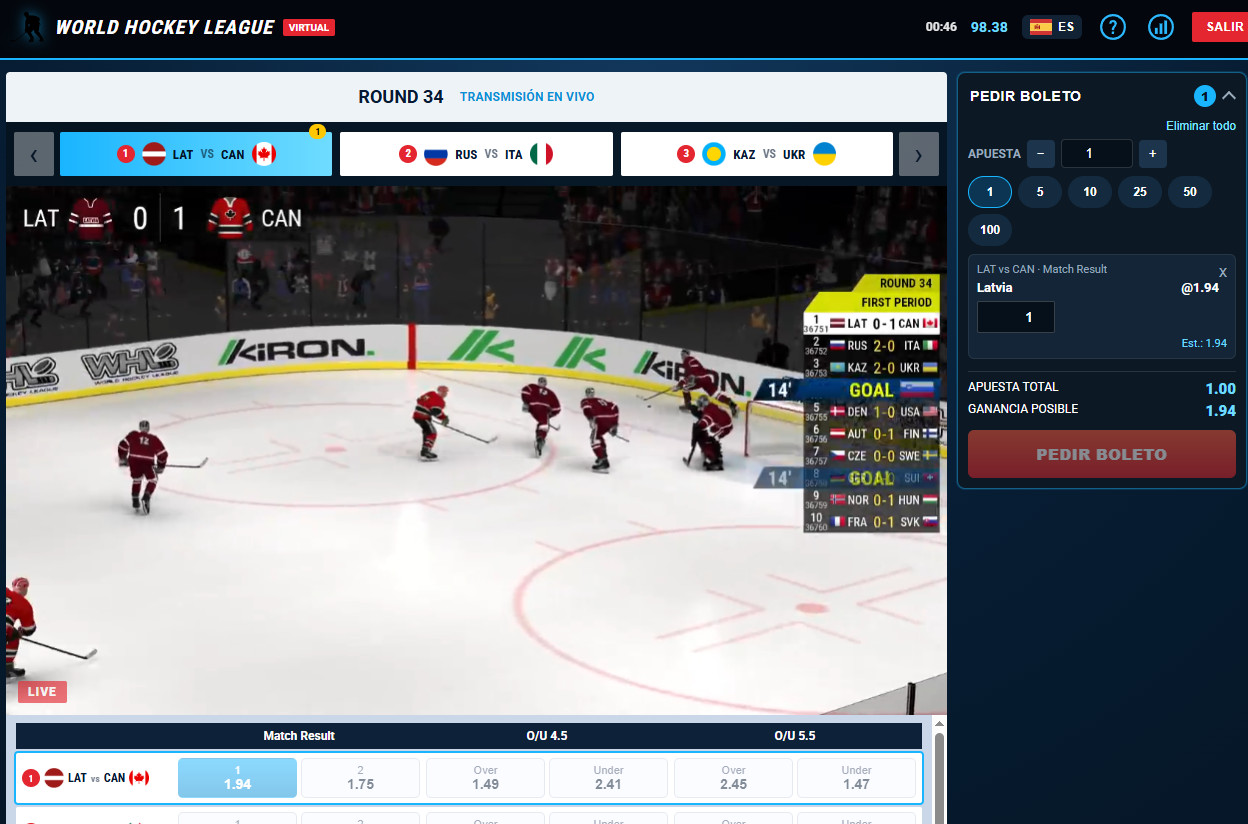 Virtual sports betting: Hockey League (real-money bets