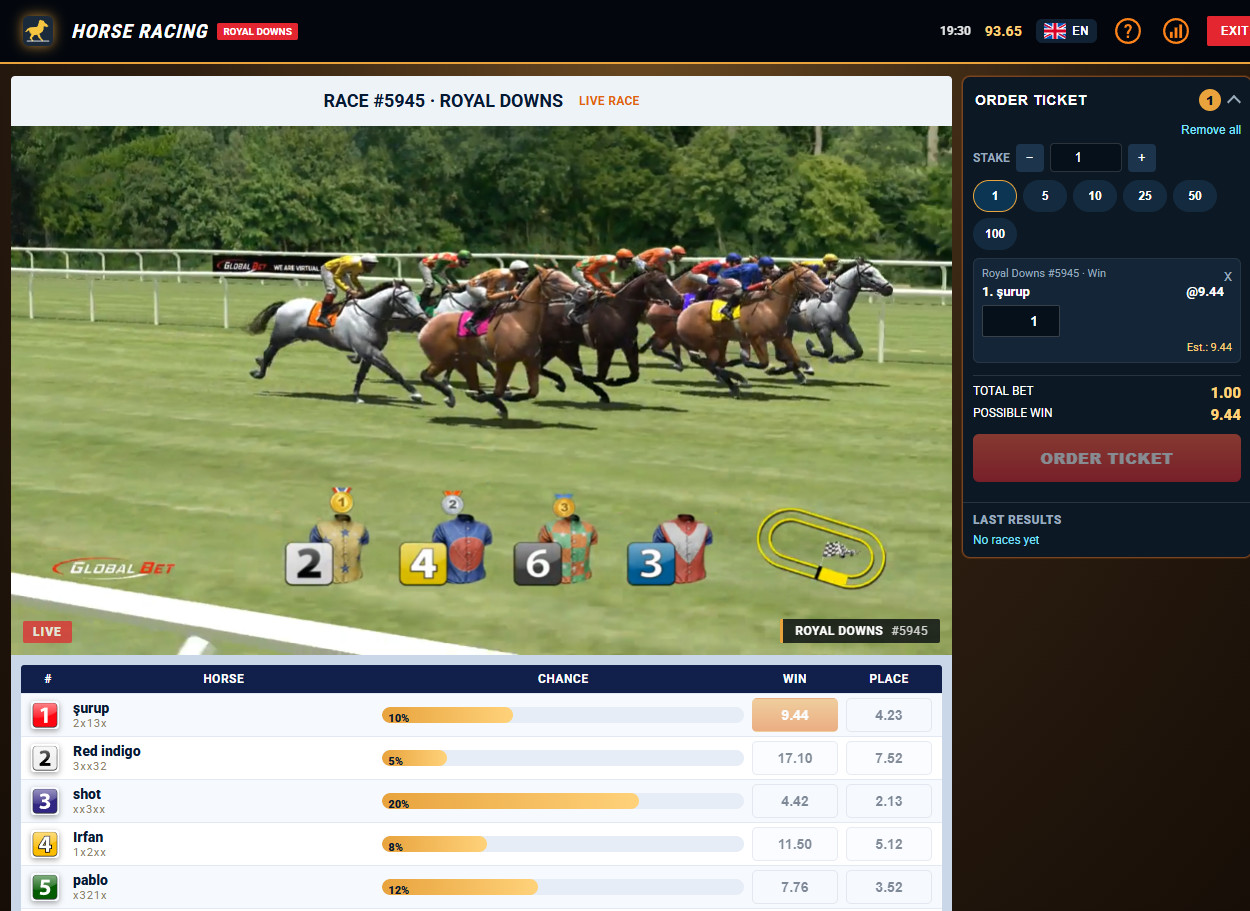 Virtual horse racing and sports betting for real money.